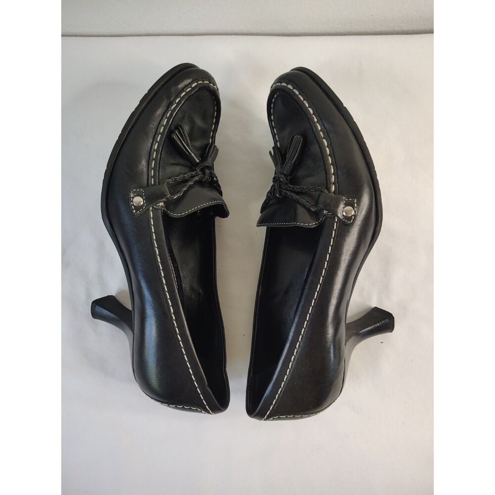Franco Sarto Black Leather Tassel Loafer Heels Womens 7M Dress Shoes Classic - Picture 6 of 9